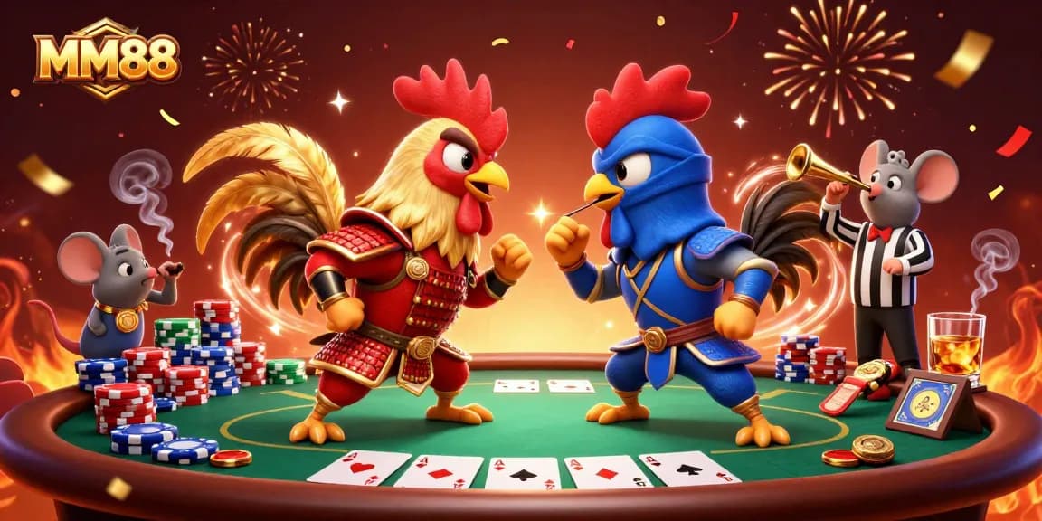 Experience the thrilling MM88 poker showdown as roosters battle in vibrant, animated style.