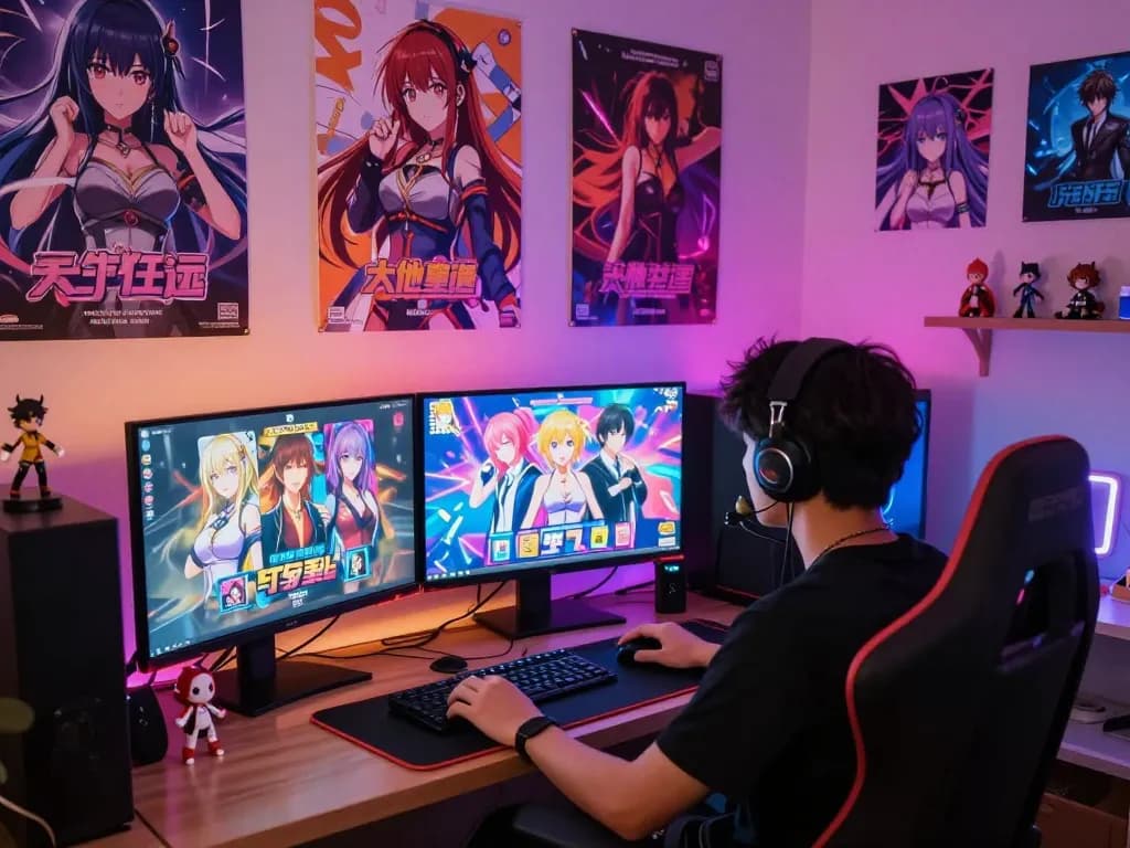 Gamer enjoying immersive porn games on dual monitors surrounded by vibrant gaming decor.