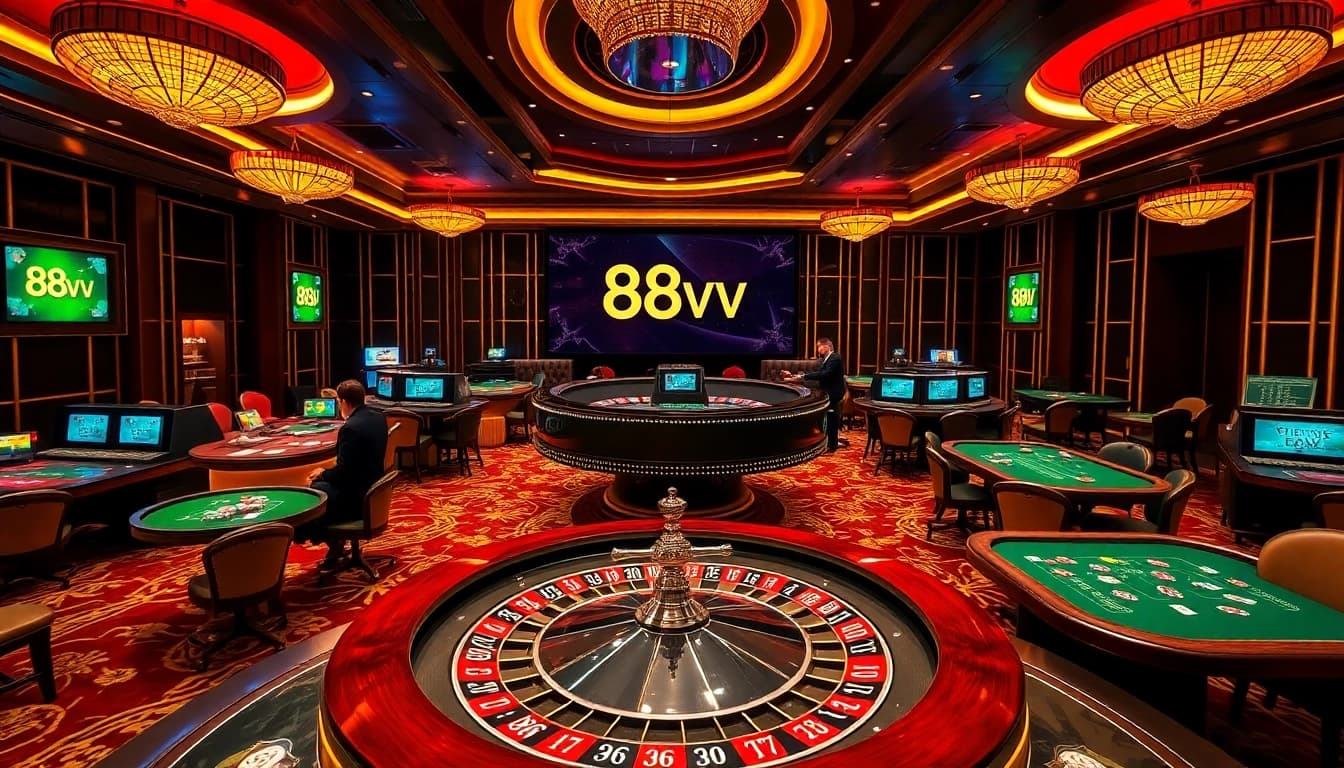 Players enjoying the luxury of 88vv casino, featuring roulette and poker tables under golden ambiance.