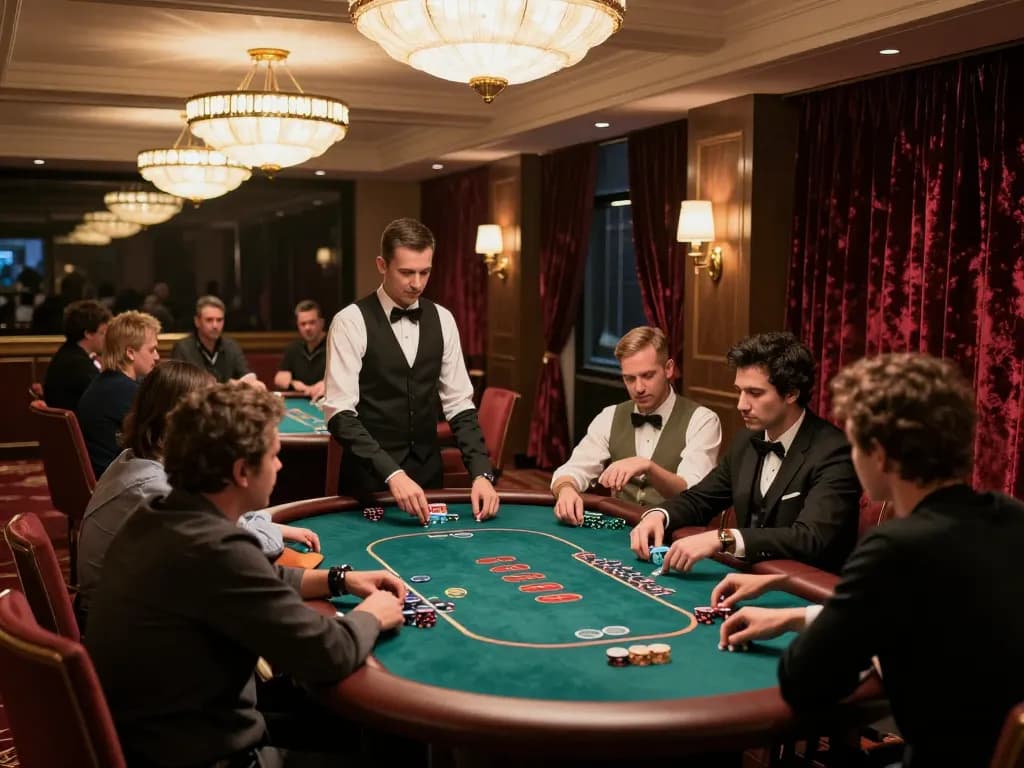 Kuwin VIP poker players strategizing over high-stakes hands in an upscale atmosphere.