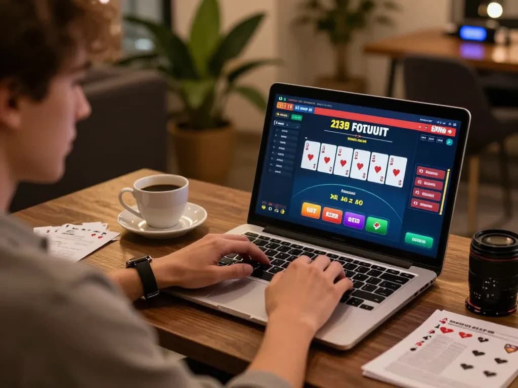 Player engages with 23win online casino, focusing on poker game strategy at home desk.