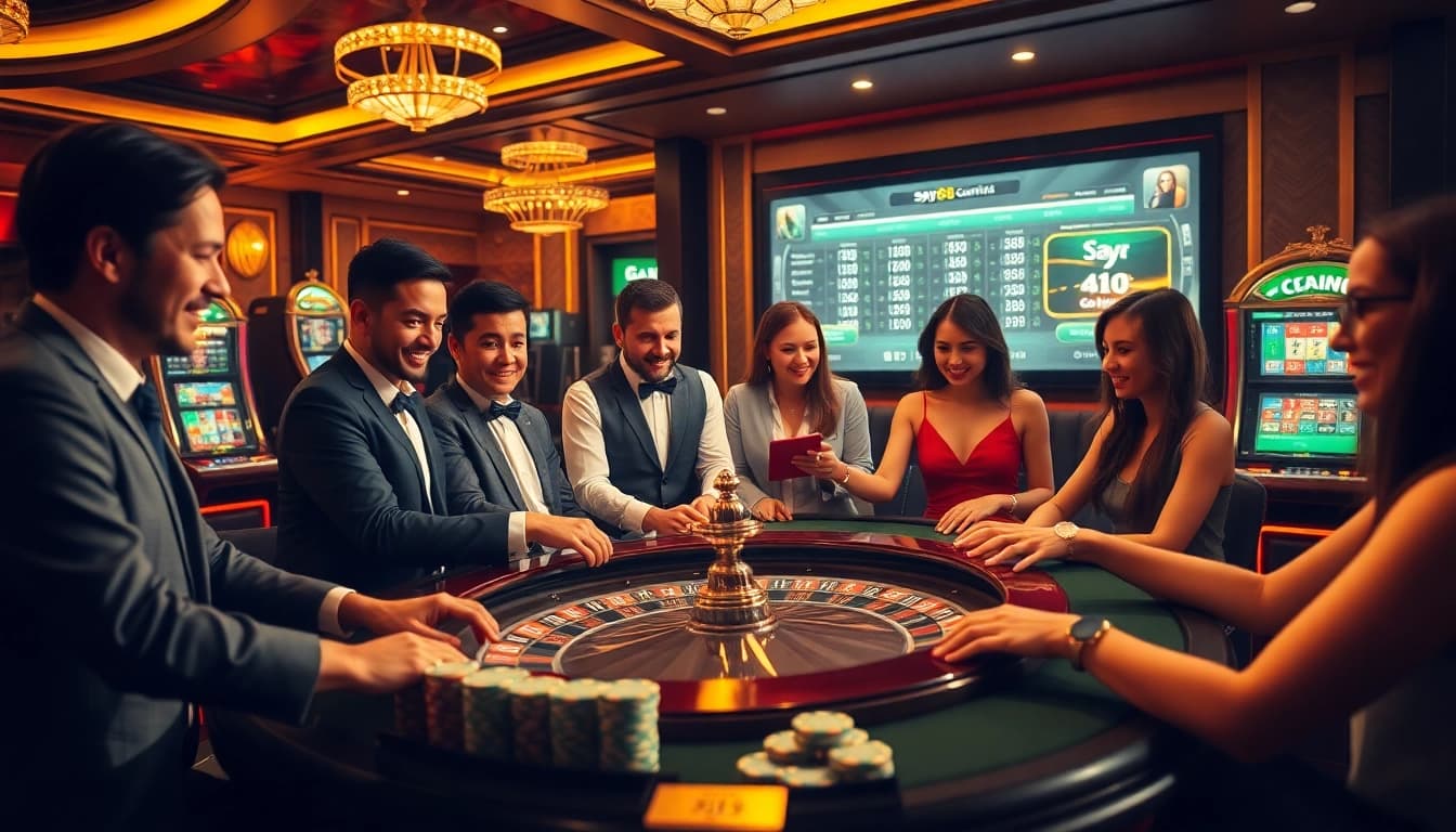 Engage with the thrilling gameplay of say88 at a vibrant casino, featuring roulette and slot machines.