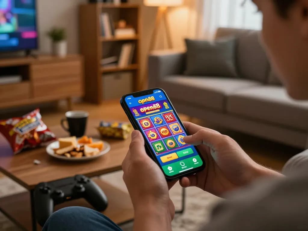 Engaging in mobile gaming with open88 app showcasing vibrant slots in a cozy setting