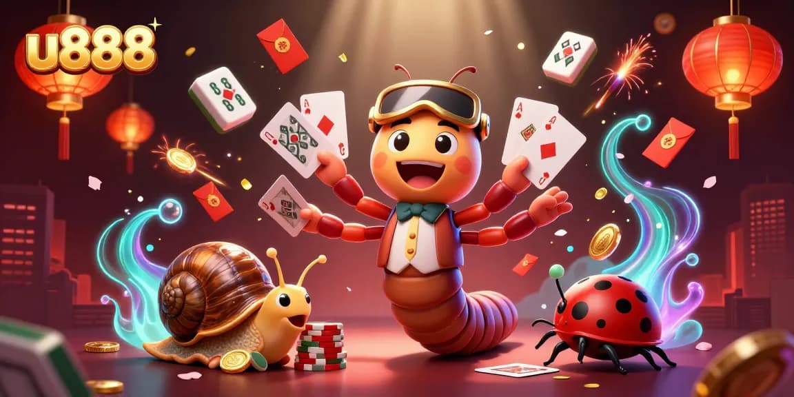 Experience thrilling gameplay at u888 with a vibrant online casino scene featuring a millipede dealer and high-roller snail.
