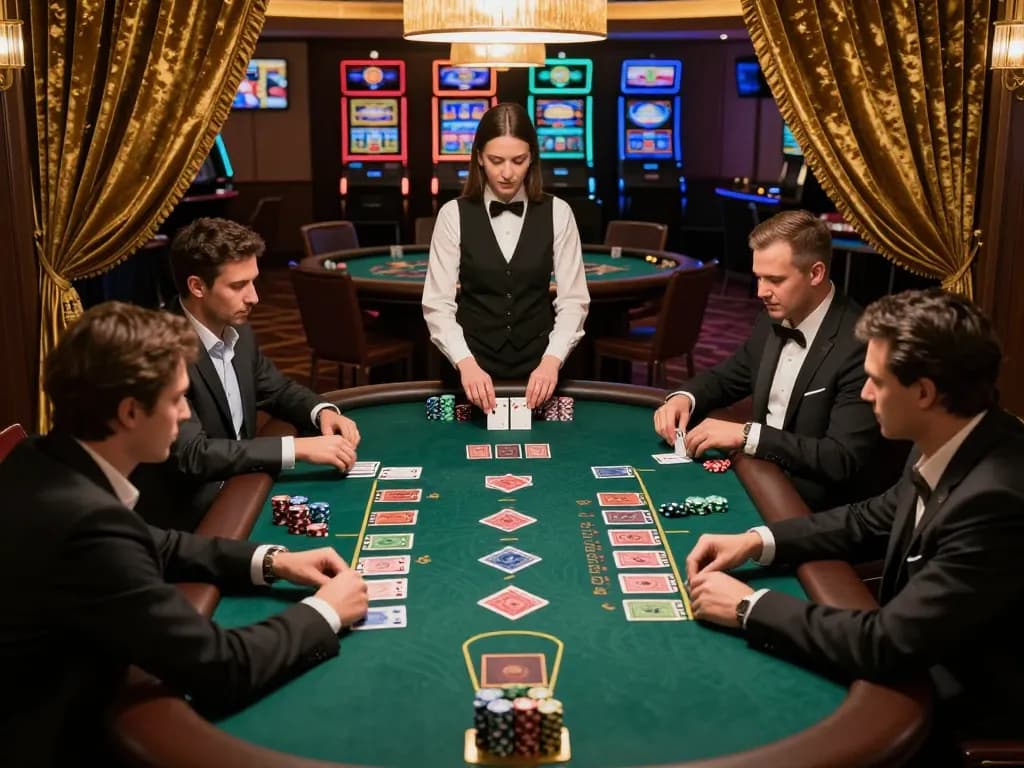 Players engage in strategic blackjack at Xo88's upscale casino table, showcasing tense gameplay.