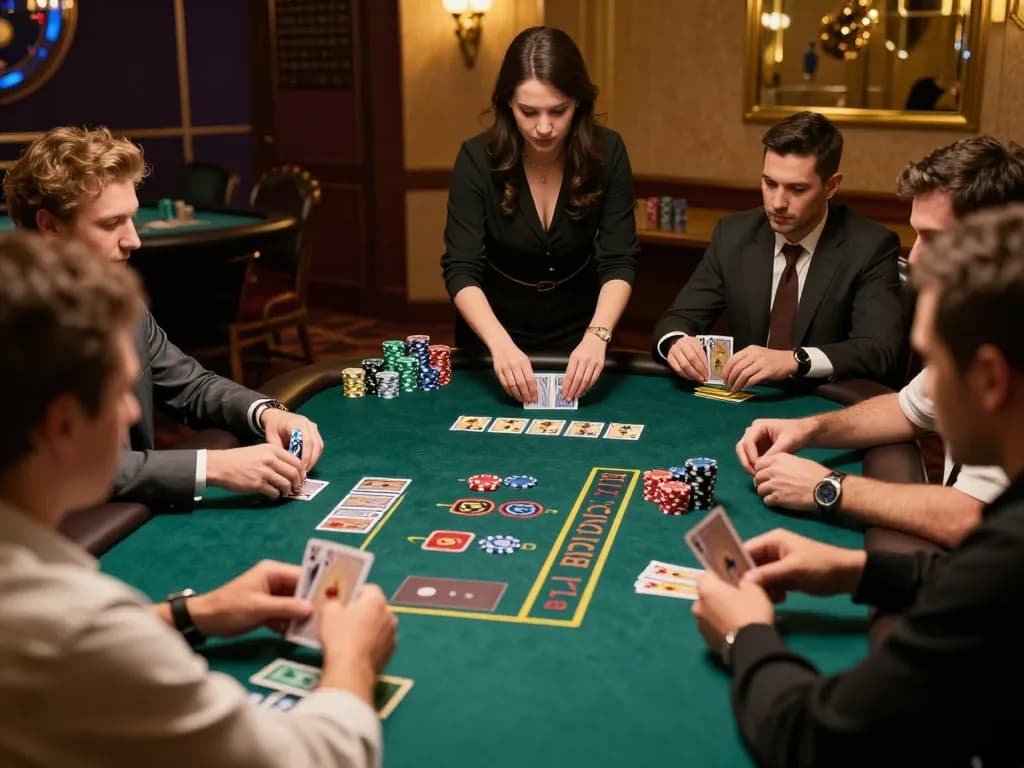Experience the excitement at 789WIN blackjack tables with high-stakes players and colorful chips.