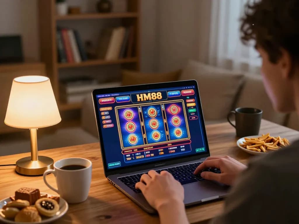 Player enjoying HM88 online casino experience with dynamic slot interface, cozy home setting.