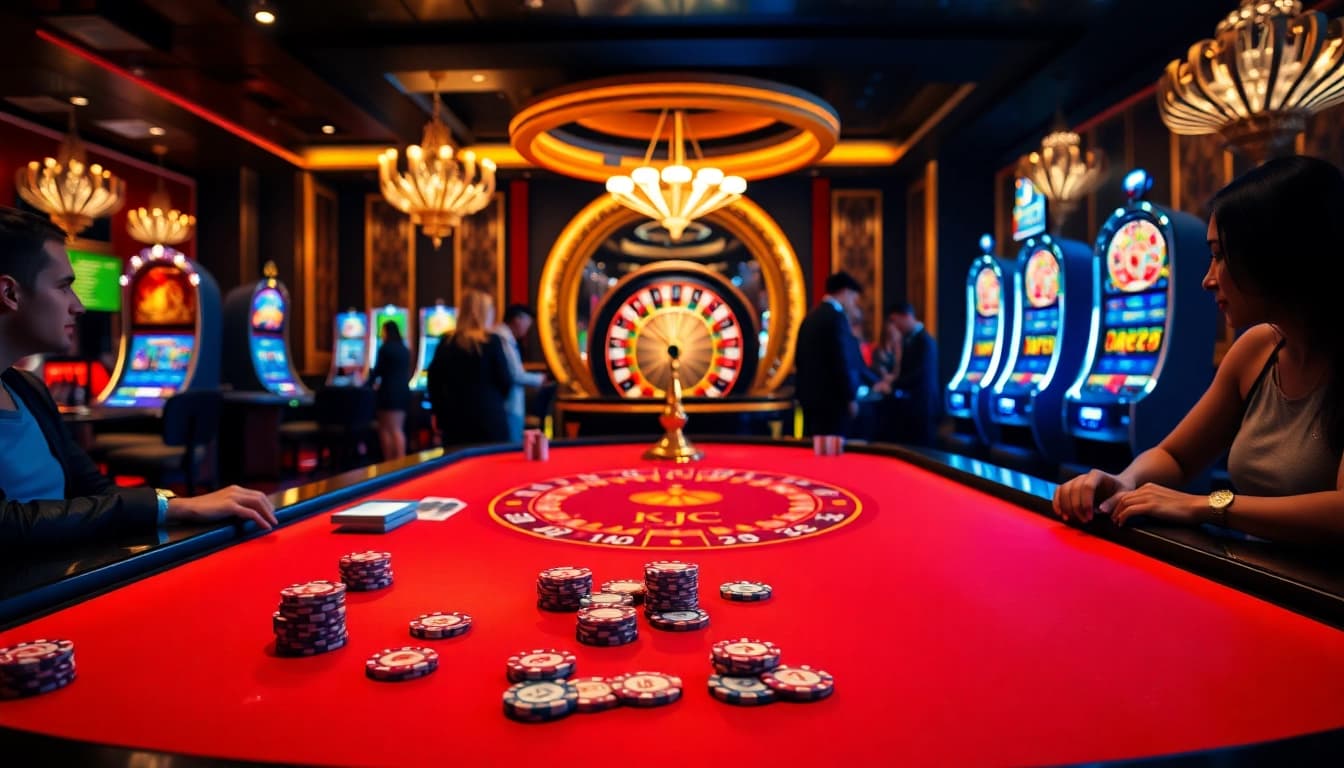 KJC casino gaming table filled with poker chips and cards, showcasing luxurious gambling atmosphere.