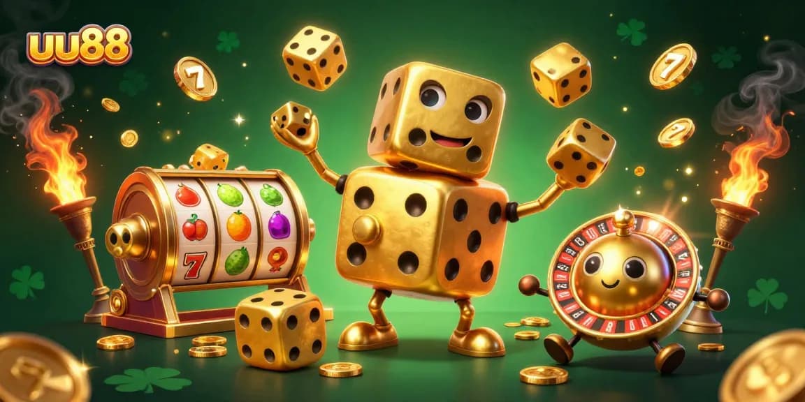 uu88's golden dice golem and companions create dynamic winning strategies in a vibrant casino illustration.