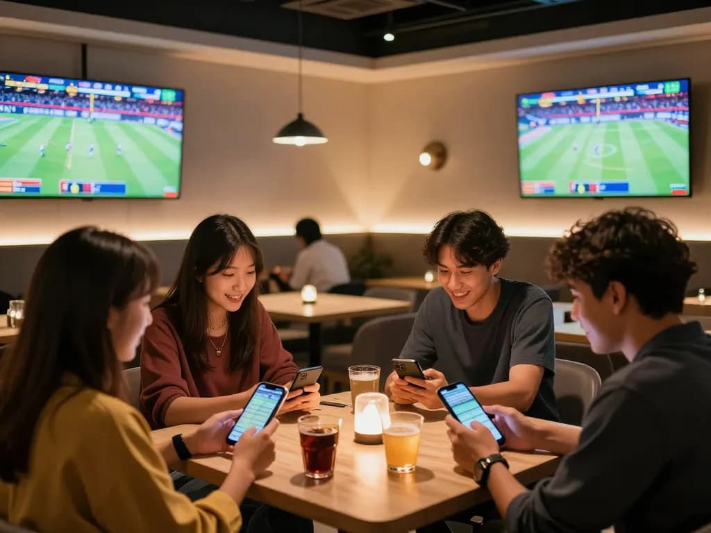 Friends engaging in sports betting using fly88 app in a vibrant lounge setting.