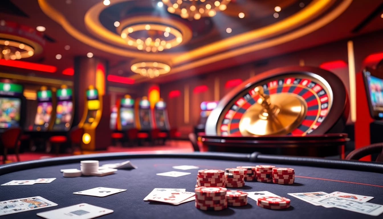 Engage with thrilling casino games on Trang Chủ Kuwin featuring poker tables and roulette wheels.