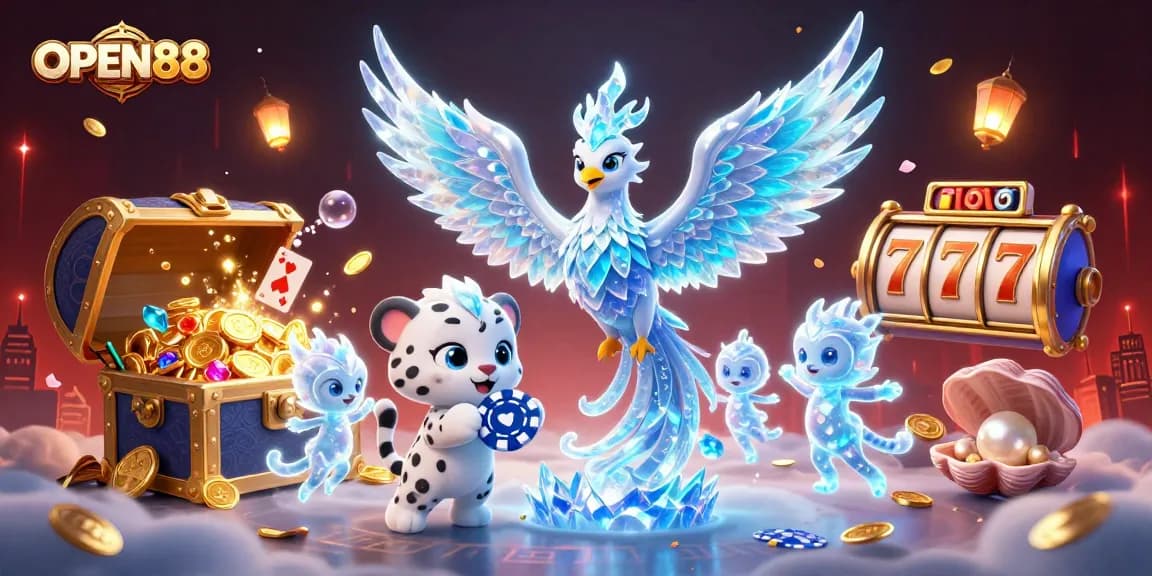 Engage in thrilling gameplay at OPEN88 with a vibrant scene featuring an ice phoenix, poker chip, and captivating casino elements.