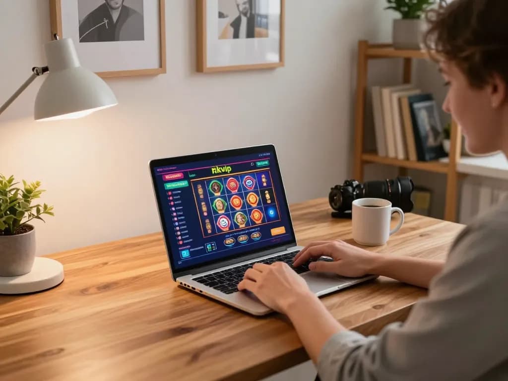 Engaged user playing slot games on rikvip platform from a cozy home office