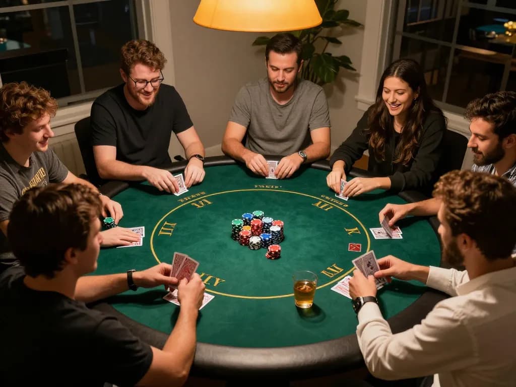 KQBD poker night with friends, vibrant chips and cards set in a cozy atmosphere