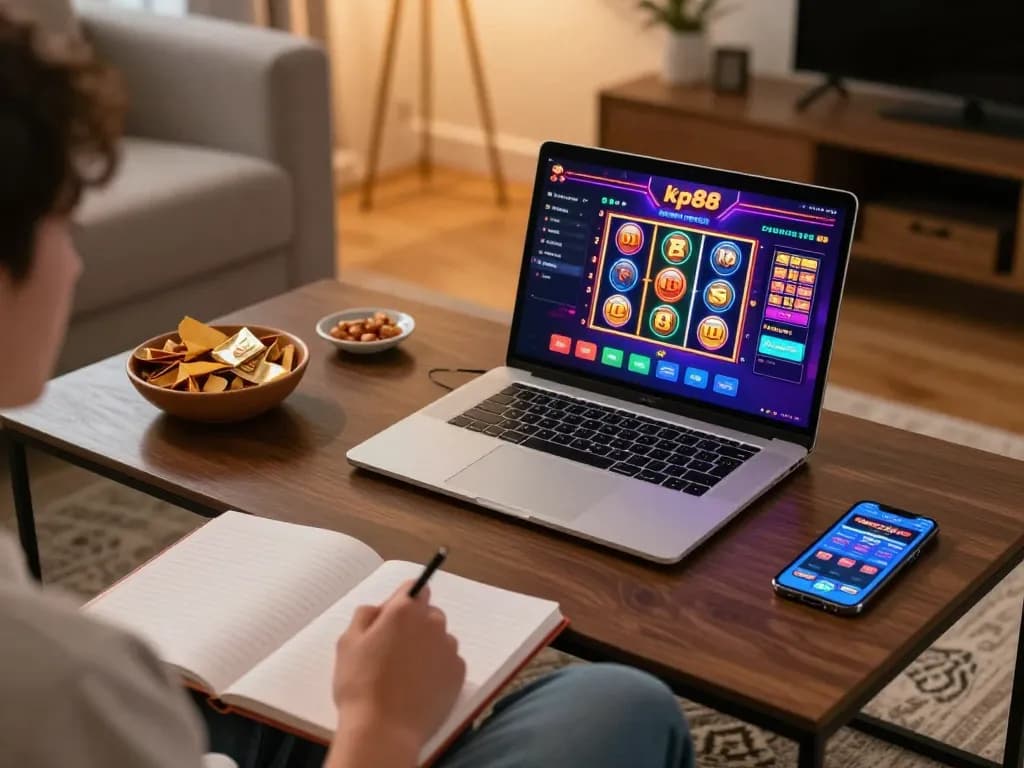Engaging in online kp88 gaming with vibrant casino interface on screen, showcasing responsible entertainment.