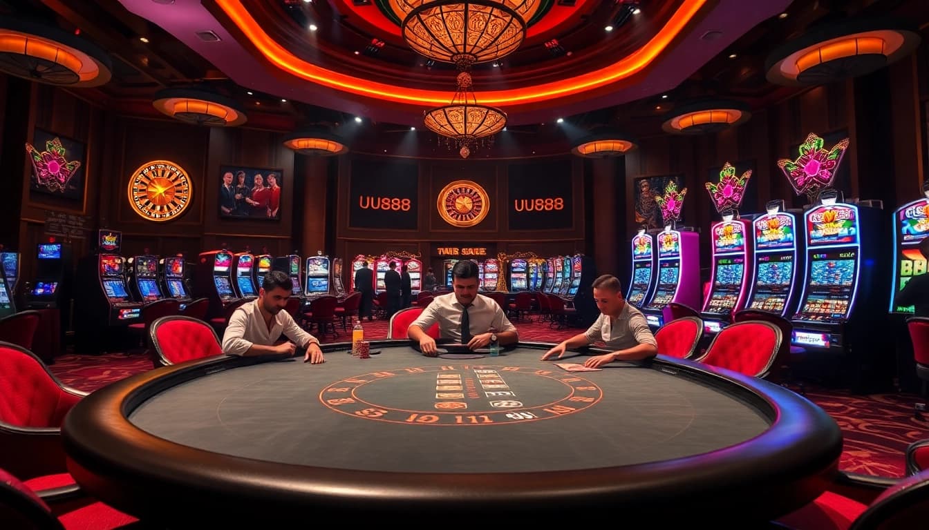 High-stakes poker action at UU88's luxurious casino table featuring vibrant game elements.