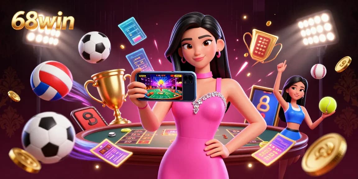Engage in thrilling gameplay at 68win, showcasing Asian woman in stylish dress with casino game in hand.