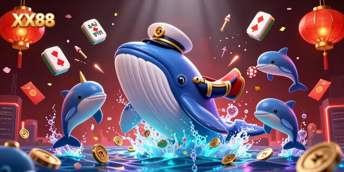 Experience excitement at XX88 with a whale breaching through coins and dolphins playing poker.