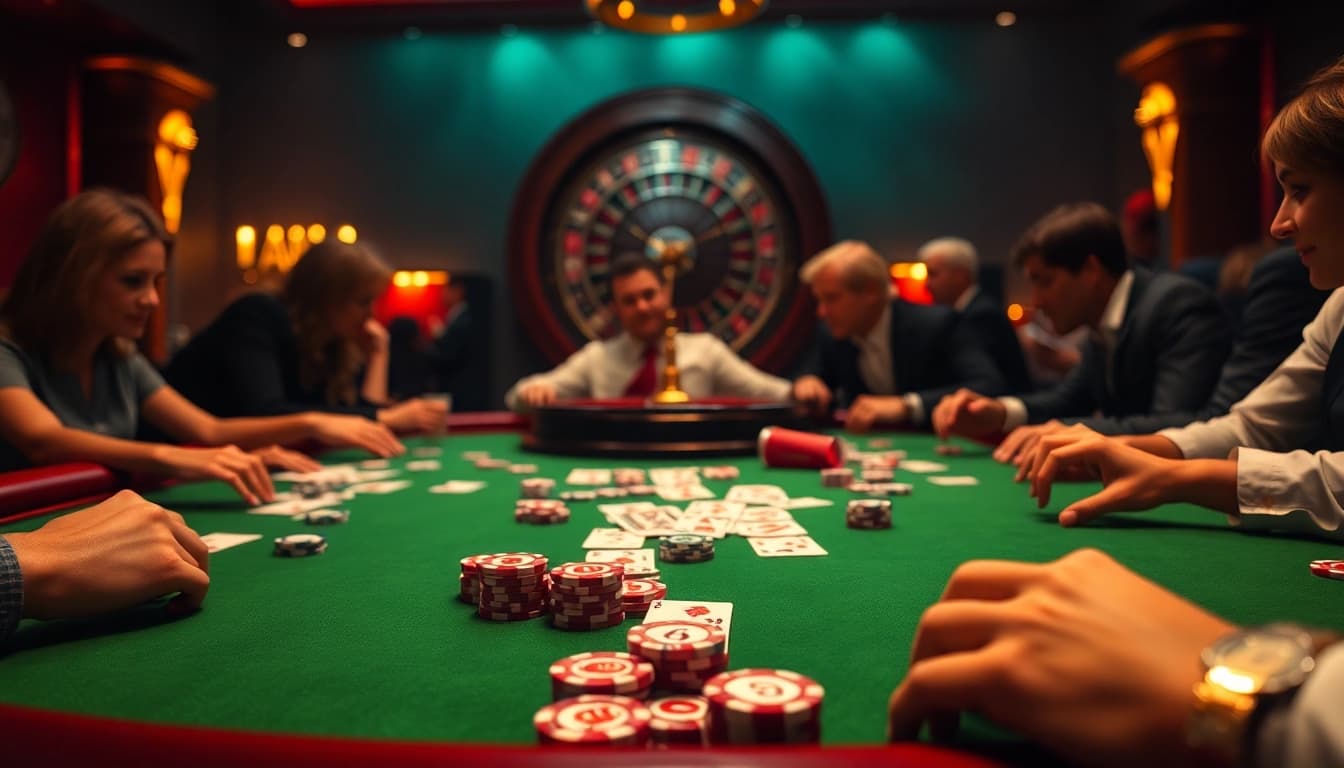 Players strategizing at a luxury casino table with BDTK66-themed chips and cards.