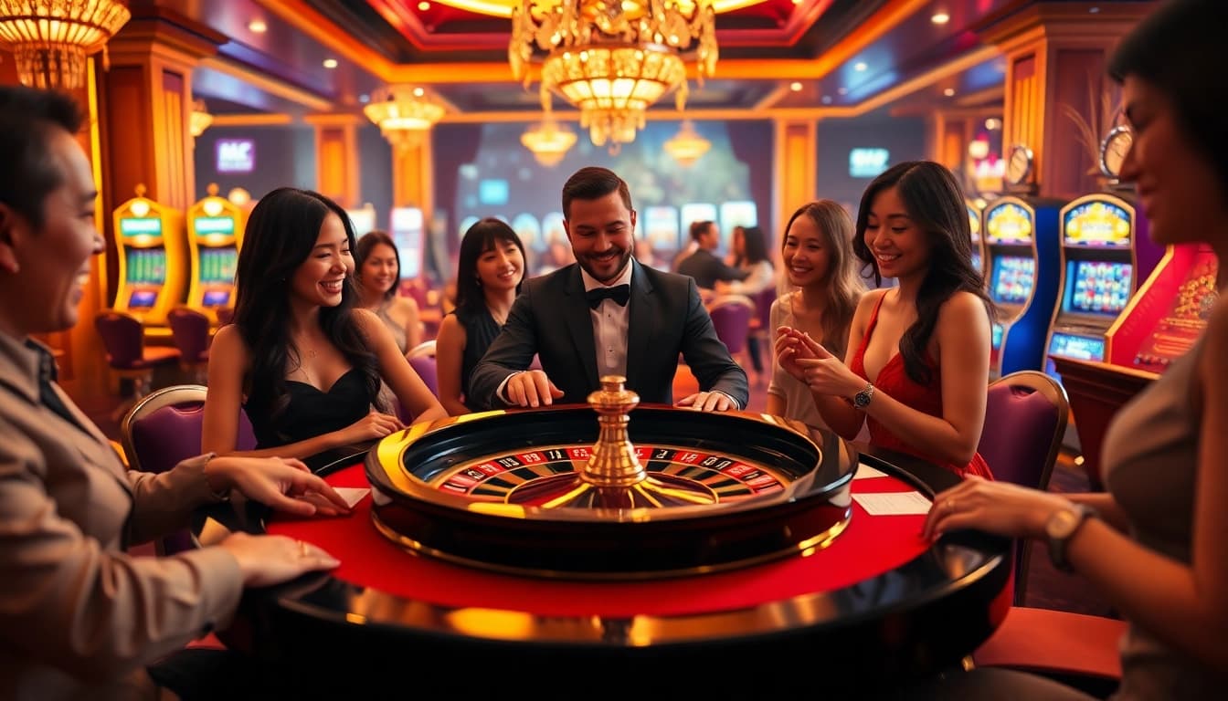 Enthusiastic gamblers engaging with a roulette table at https://kjc.se.net/, capturing excitement in a luxury casino.