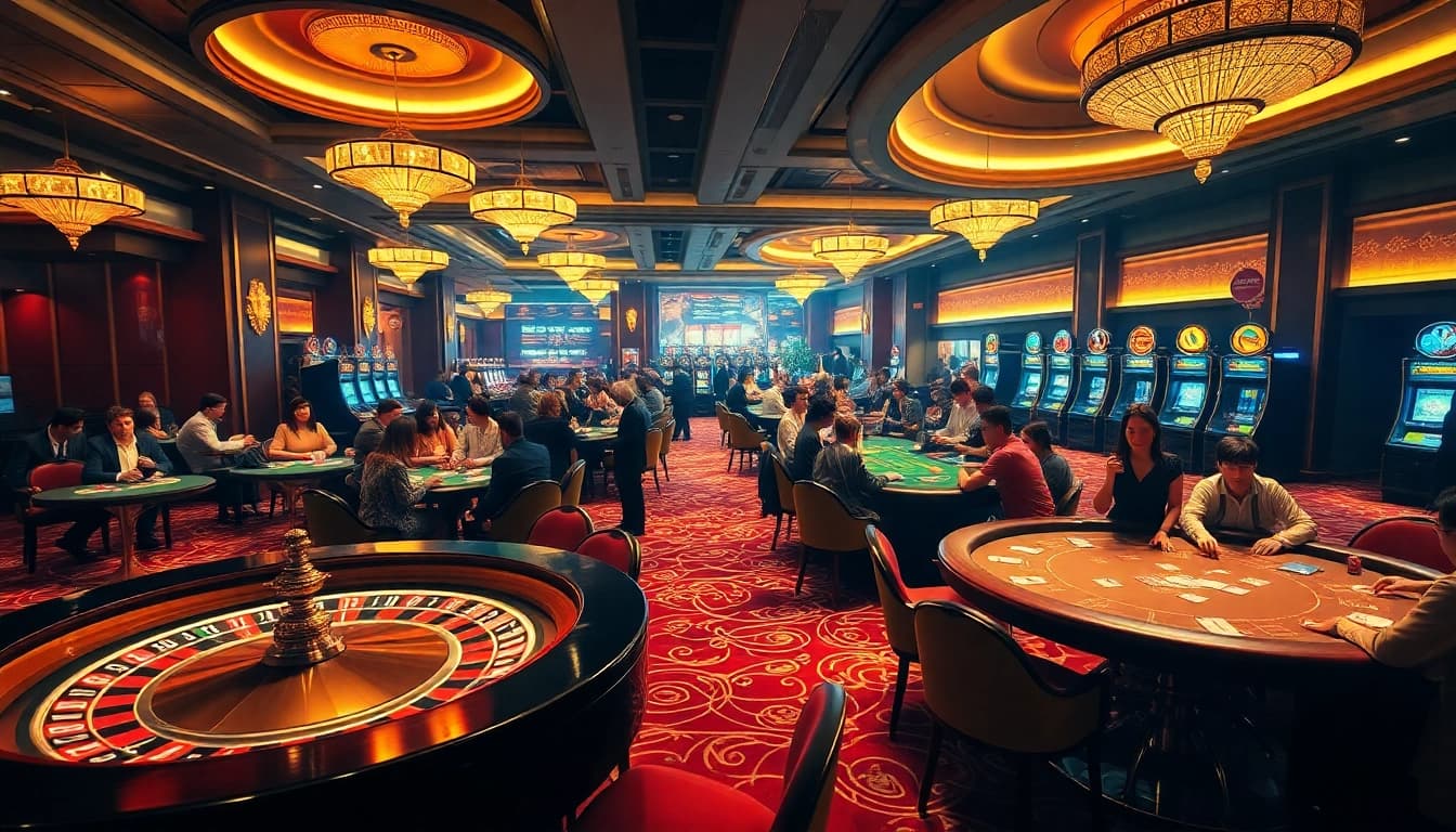 Kèo nhà cái 5 gaming experience highlighted in a luxurious casino with tables, chips, and excitement.