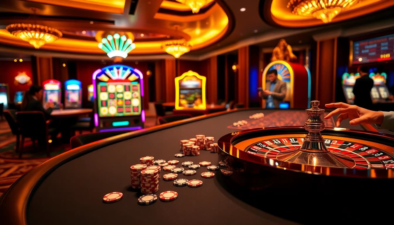 Analyze tỷ lệ kèo nhà cái with focus on a vibrant casino scene featuring roulette and poker elements.