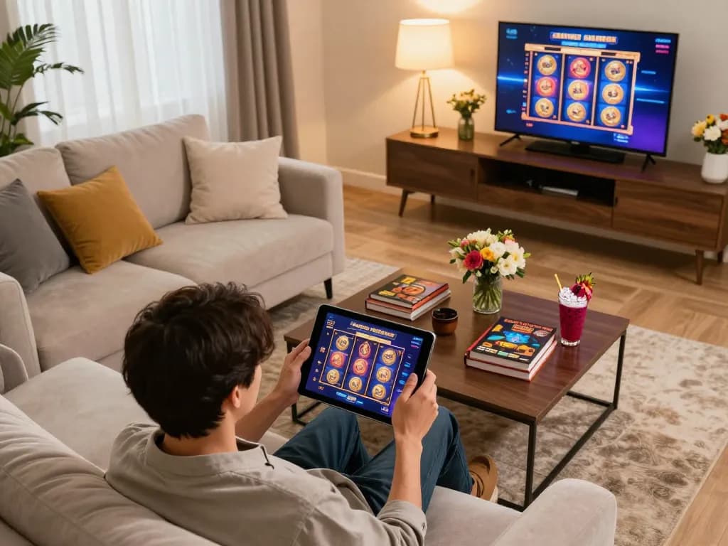 Engaging in strategic mobile gaming experience with mb66 interface on a tablet during a cozy evening at home.