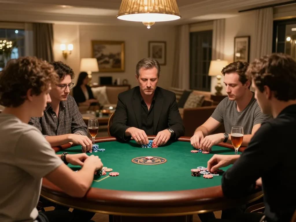 Engaged players strategizing at a go88 poker night, showcasing candles, chips, and warm ambiance.