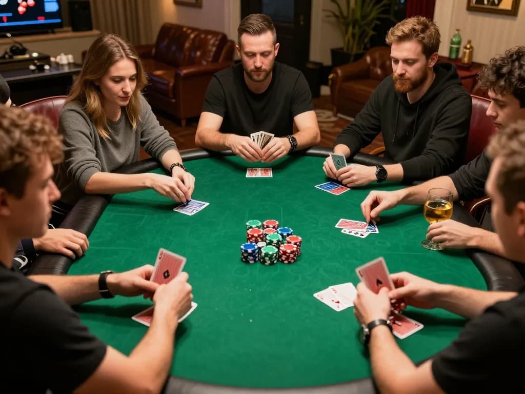 Players enjoying a strategic poker game with TG88 chips on the table amidst a cozy atmosphere.