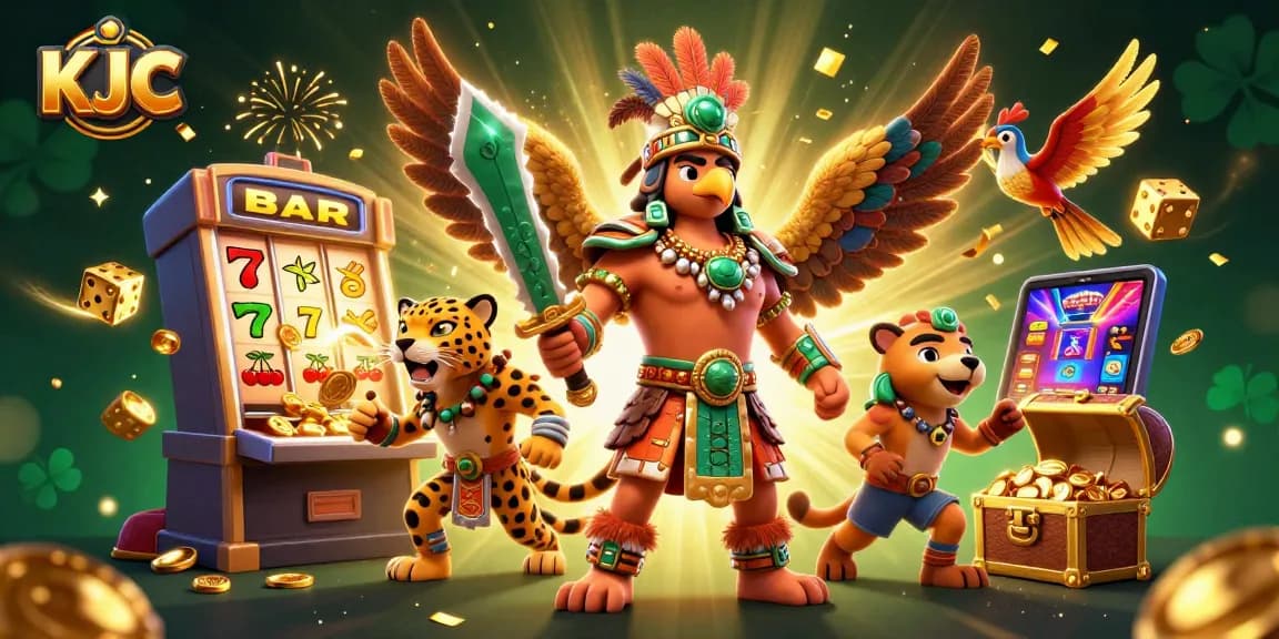 KJC showcases exciting gameplay with Aztec warriors, slot machines, and vibrant casino elements.