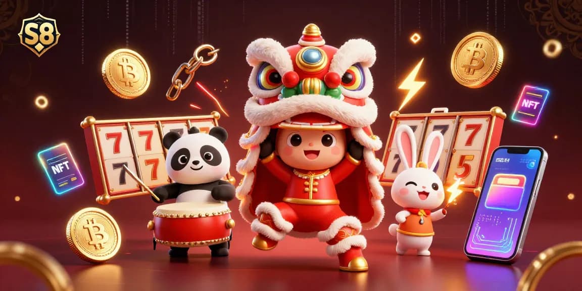 Engage with S8's vibrant slot games featuring a lion dance, drumming panda, and crypto elements.