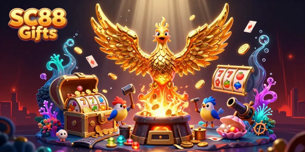 Play slots and win gold at SC88 Gifts, featuring a molten phoenix and vibrant casino elements.