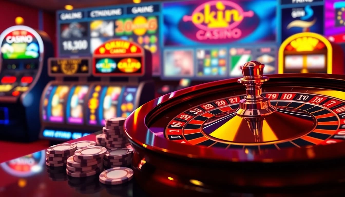 Experience excitement as players engage with the okwin online casino atmosphere, featuring roulette and slot machines.