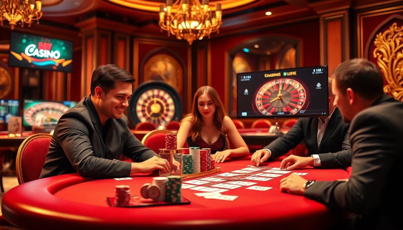 Players at a poker table in a luxurious casino setting at https://88ii88.com/ engaging in high-stakes gambling.