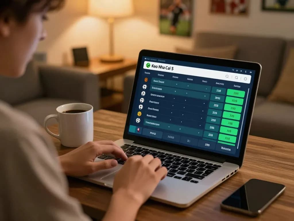 Analyzing soccer betting odds with Keo Nha Cai 5 on a laptop in a cozy home setting.