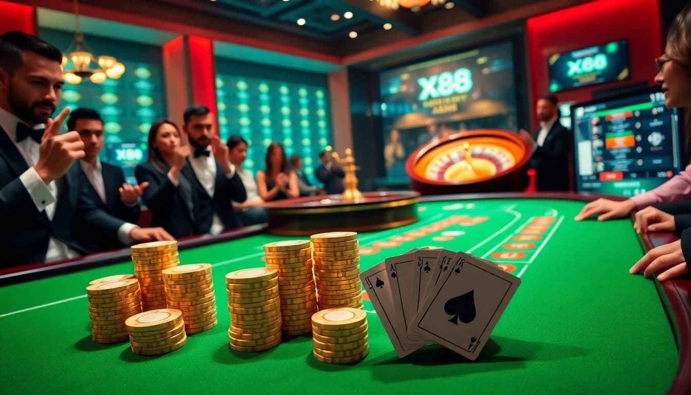 X88 gaming excitement at a luxurious poker table with vibrant chips and cards.