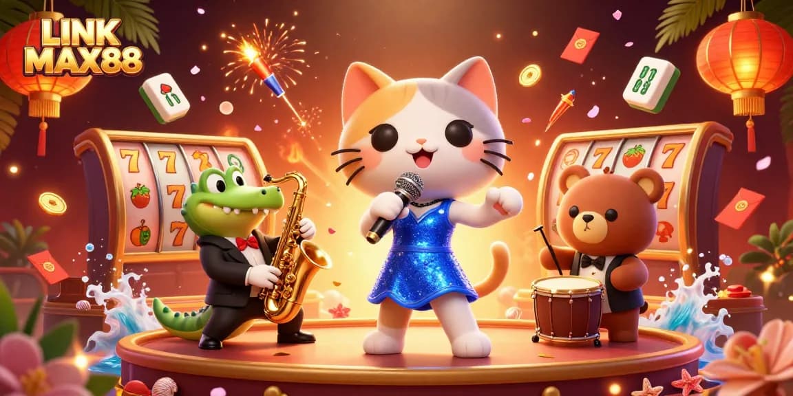 Engage users with LINK MAX88's vibrant casino scene featuring animated characters and game elements.