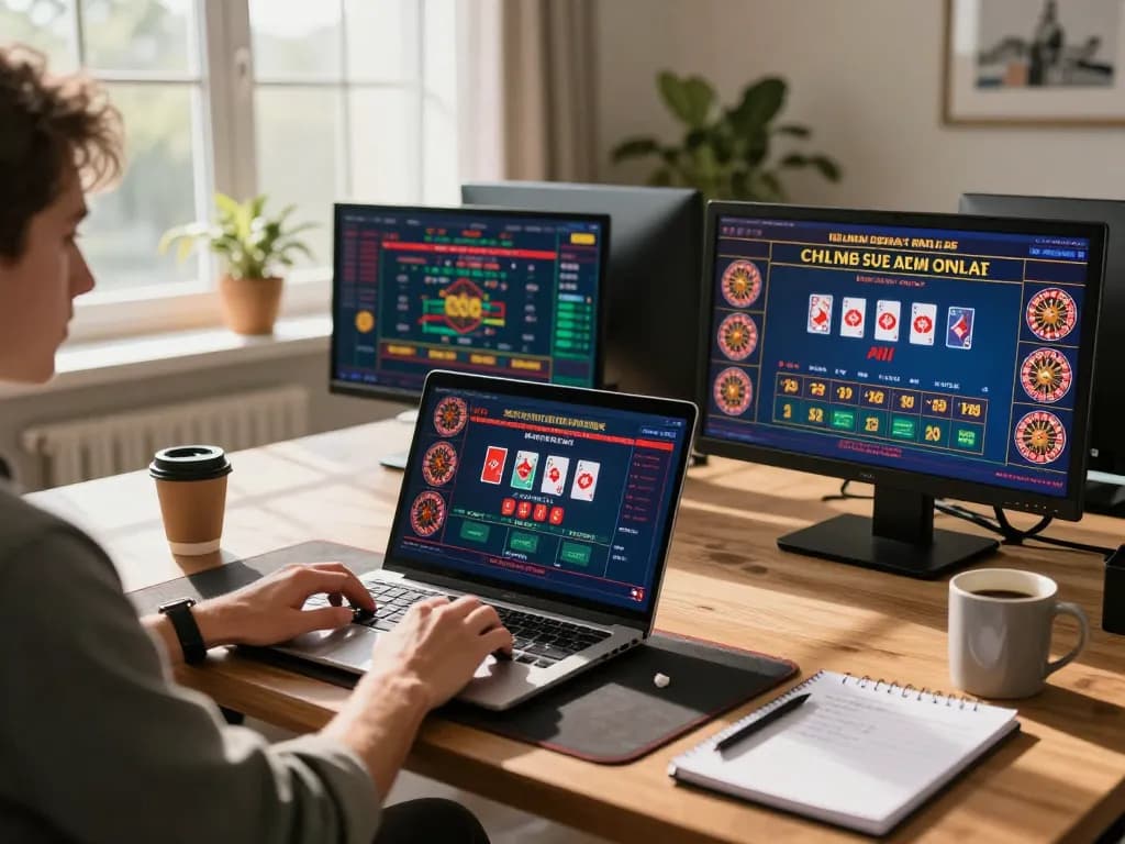 Engaging user gambling online with vmax platform featuring live dealer games on laptop, warm home atmosphere