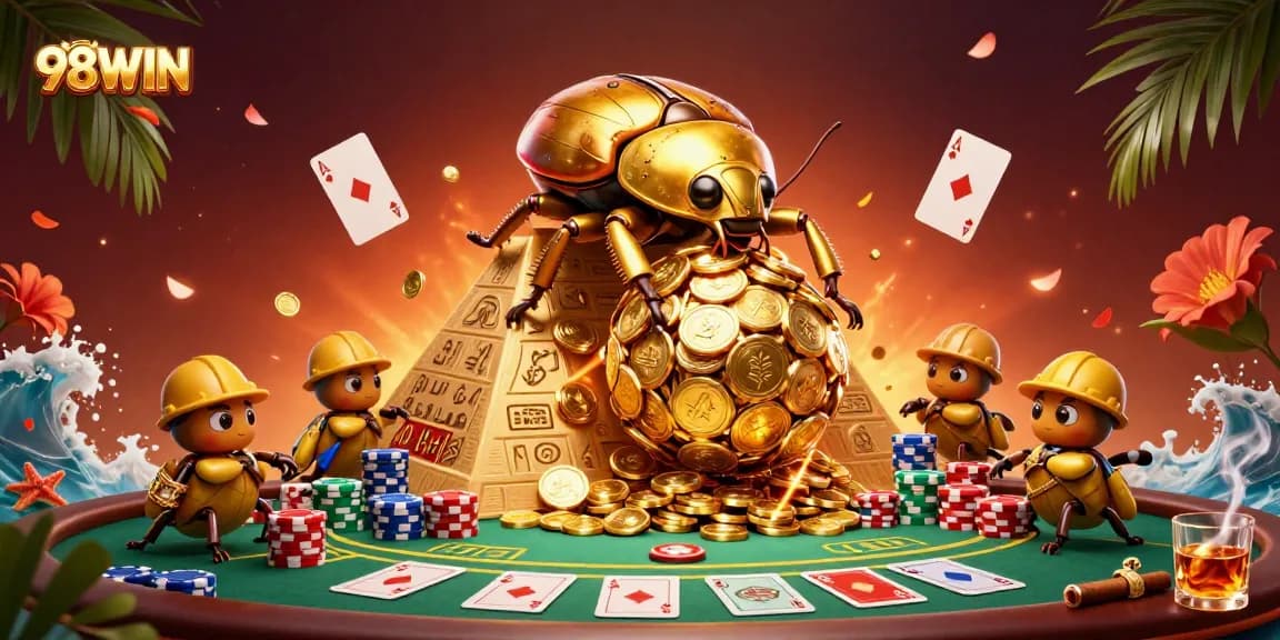 Engage with 98WIN as a golden beetle rolls coins, illuminating a vibrant casino scene.