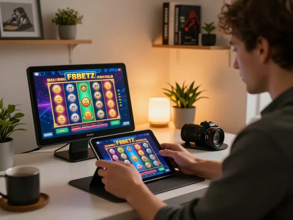 Engaging with F8BETz online slots on a tablet in a cozy home office.