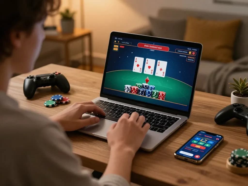 Player engaging with MM88's live dealer blackjack on a cozy home gaming setup showcasing strategy and excitement.