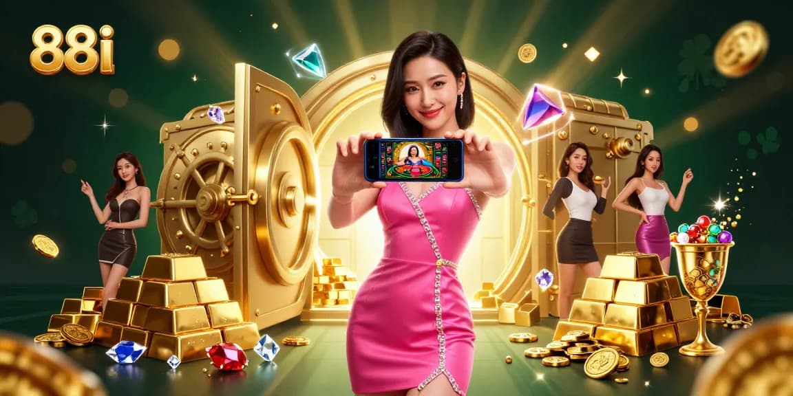Experience the excitement of 88i casino games with a stunning woman engaging with live dealer technology.