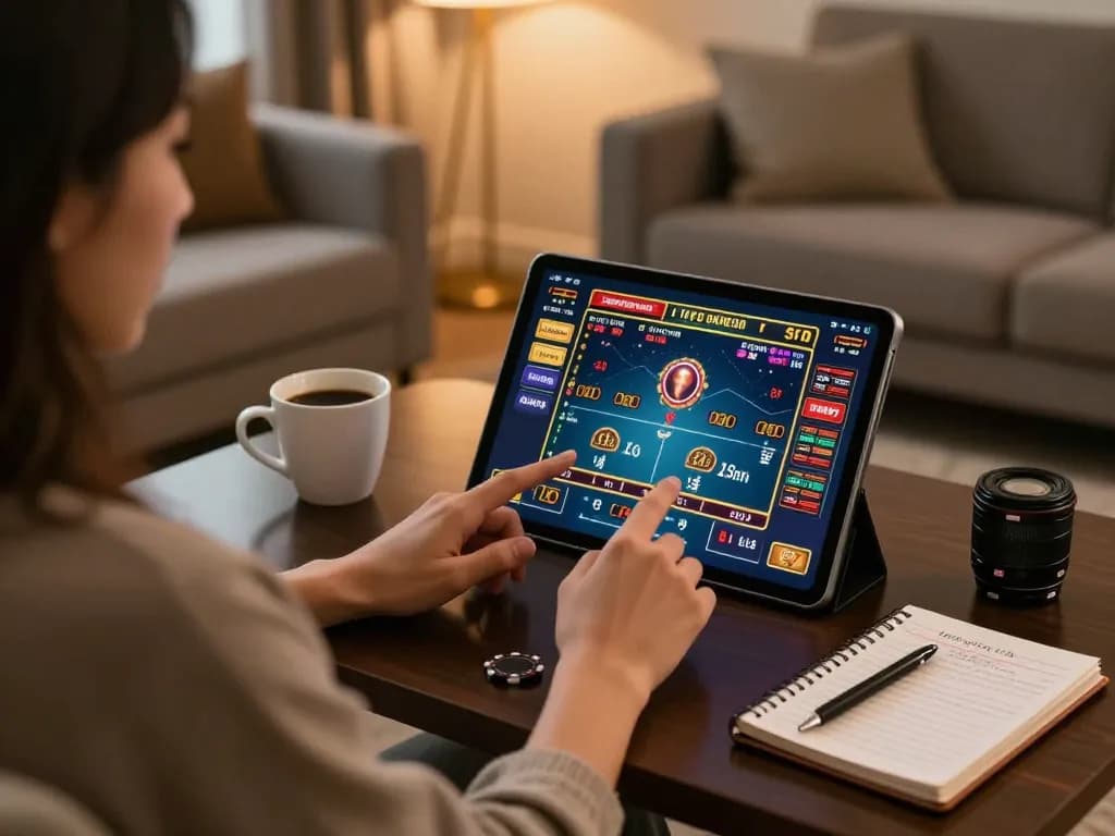 Engaging in online casino gaming at nhà cái MAX88 with vibrant tablet interface and cozy atmosphere.