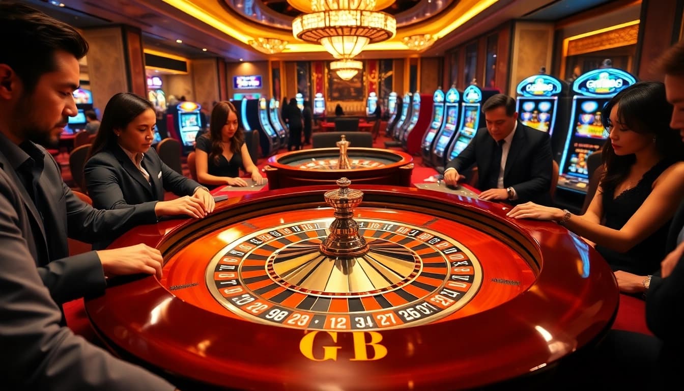 Players enjoying roulette at GG88 in a vibrant casino setting with illuminated decor.