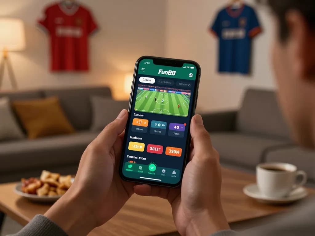 Fun88 app displayed on smartphone for live sports betting in a cozy home setting
