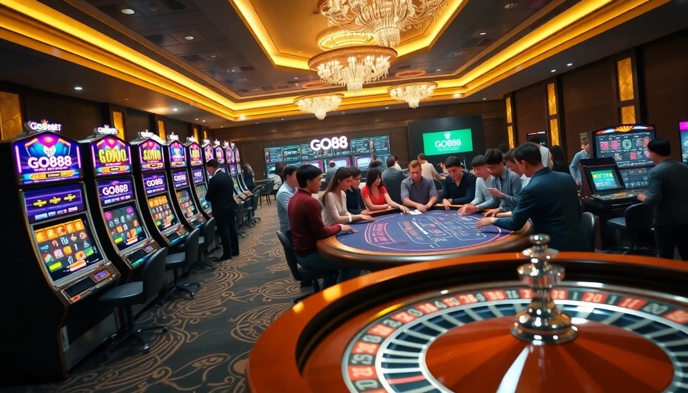 Engaging in a thrilling game at GO88 casino, featuring vibrant slot machines and excited players.