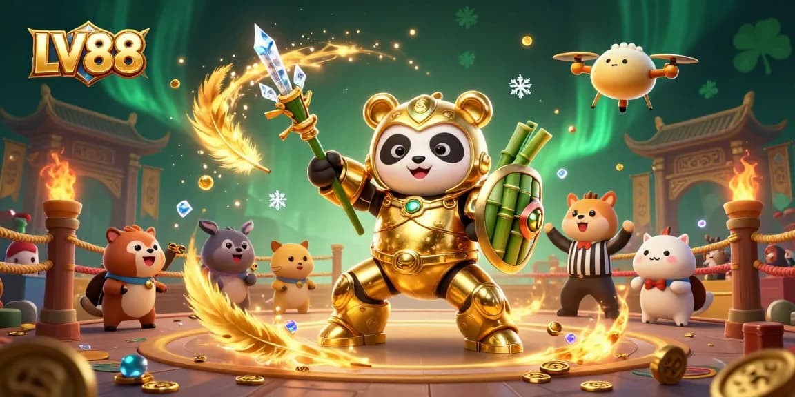 Engage in thrilling LV88 action with a vibrant golden panda robot amidst a cheering arena.