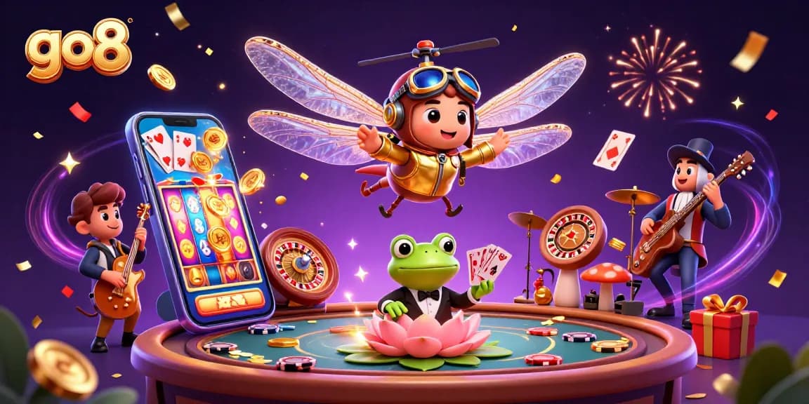 Experience thrilling action at go8 casino with a vibrant dragonfly pilot, jazzy musicians, and a frog dealer in this animated illustration.
