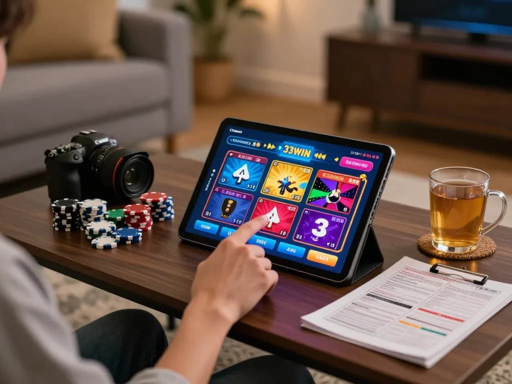 Engaging with the 33WIN casino app on a tablet, showcasing online gaming excitement