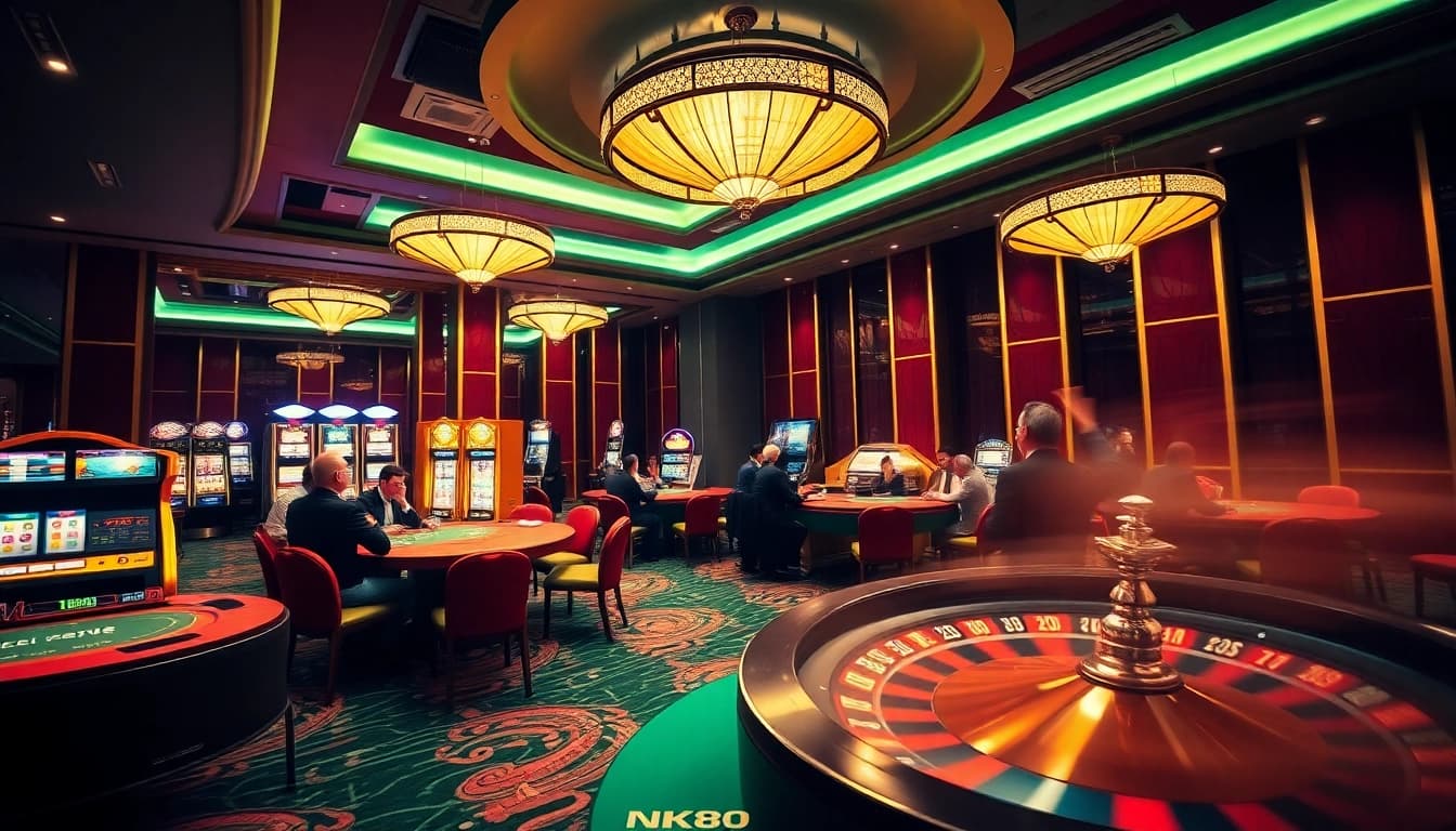 Exciting gaming experience at NK88 featuring poker games, slot machines, and roulette.